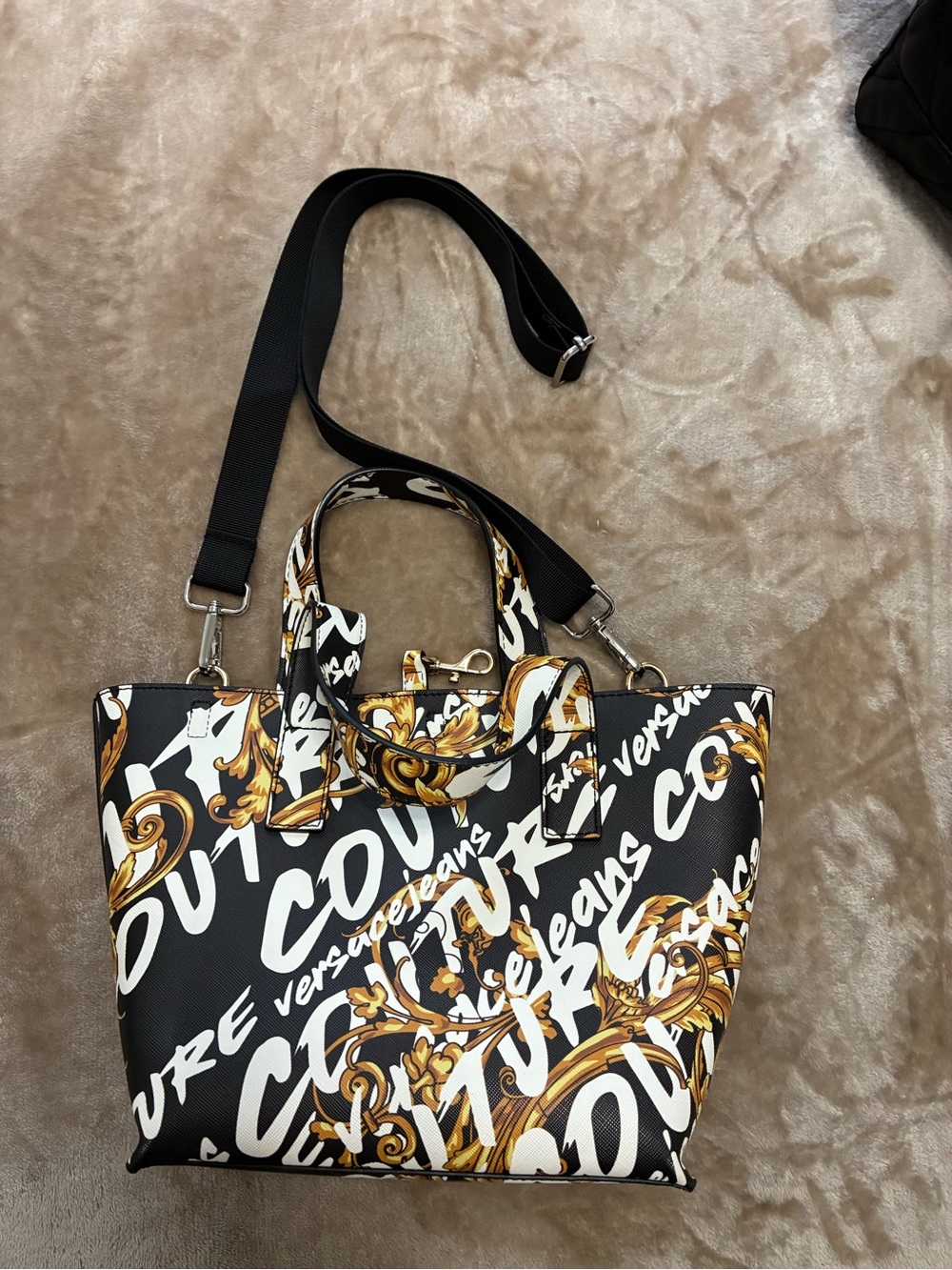 Black & Gold Script-Print Tote with Detachable Strap